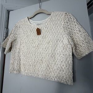 Alexis Ivory Cropped Lattice Knit and Leather Cropped Top